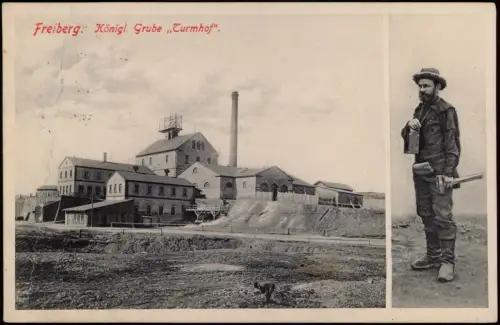Ansichtskarte Freiberg (Sachsen) 2 Bild Grube Turmhof, Bergmann - Bergbau 1910