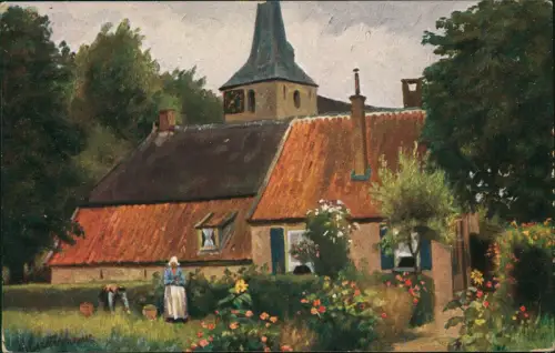 Postkaart .Niederlande Künstlerkarte Frau in Tracht vor Ort 1915