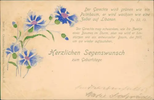 Kornblumen Geburtstag Der gerechte Psalm 92,13 1910 Silberprägung
