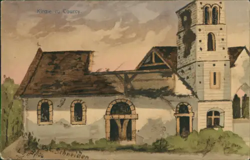Courcy (Marne) Courcy (Marne) Zerstörte Kirche colorierte Künstlerkarte 1916