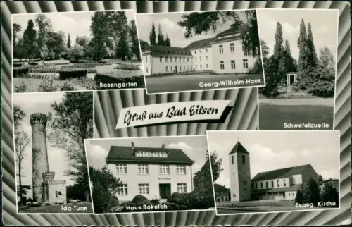 Ansichtskarte Bad Eilsen MB: Schwefelquelle Evang. Kirche Rosengarten 1960