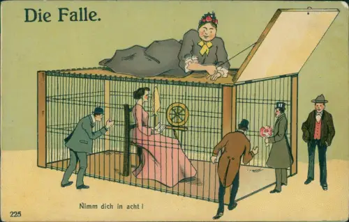 Scherzkarte Humor Die Falle Nimm dich in acht! Männer Frauen 1918
