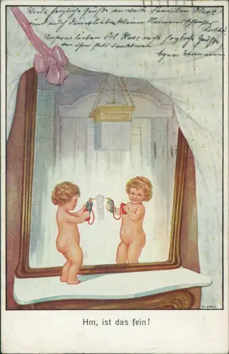 Kinder Künstlerkarte Kind sprüht Spiegelbild Hm ist das fein! 1918