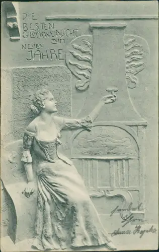 Ansichtskarte  Neujahr Sylvester New Year Frau mit Sektglas Relief 1903