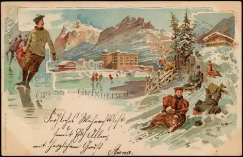 Ansichtskarte Litho AK Grindelwald Ortspartie Wintersport Gruss aus... 1897