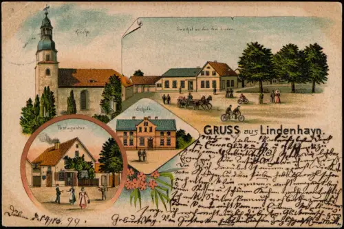Litho AK Lindenhayn-Schönwölkau Gruss aus Post Gasthof 1899 Delitzsch Eilenburg