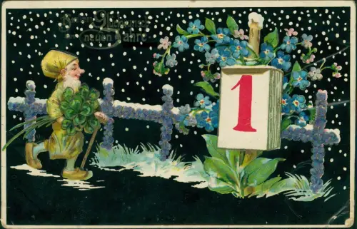 Neujahr Sylvester New Year Zwerg mit Glücksklee Kobolt Veilchen 1909