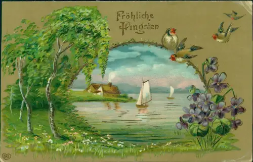 Pfingsten Pentecost Birken Veilchen Szene am See Künstlerkarte 1909 Gold