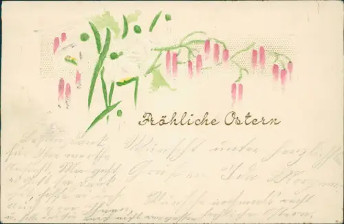 Ostern Easter - Goldschrift abstrakte Blumen Handgemalt 1903 Prägekarte