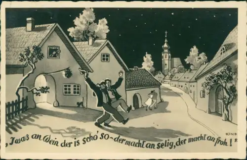 Grinzing-Wien Betrunkene bei Nacht auf der Straße Scherzkarte 1938