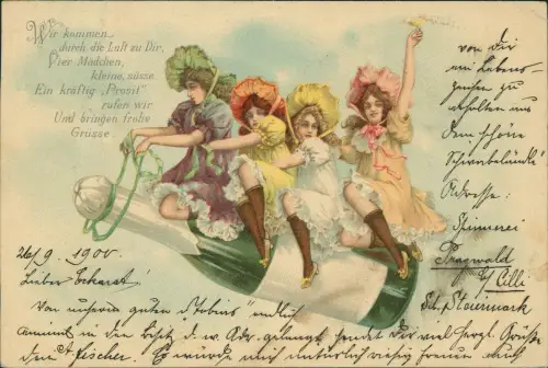 Ansichtskarte  Scherzkarte Humor vier Frauen reiten auf Sektflasche 1900