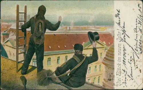 Ansichtskarte  Neujahr Sylvester New Year Schornsteinfeger auf dem Dach 1912