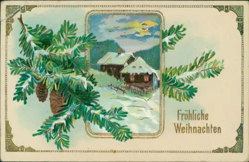 Ansichtskarte  Weihnachten Christmas Winterlandschaft Tannenzweige 1908 Gold