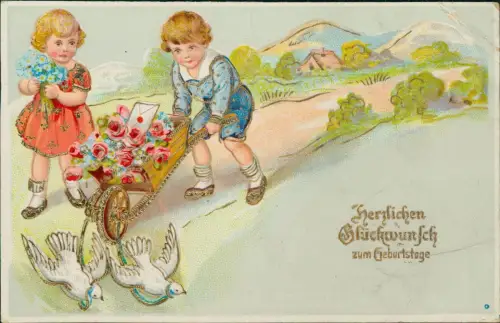 Geburtstag Birthday Kinder mir Schubkarre voller Blumen Tauben 1931 Gold