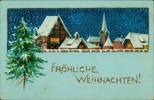 Ansichtskarte  Weihnachten Christmas Winterdorf bei Nachr Tannenbaum 1906 Gold