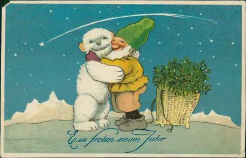 Ansichtskarte  Neujahr Sylvester New Year Zwerg Kobolt umarmt Eisbär 1924