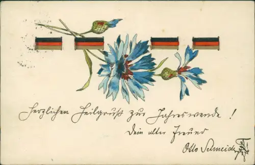 Künstlerkarten - handgefertigt Patriotika Kornblume Flaggen 1900 Prägekarte
