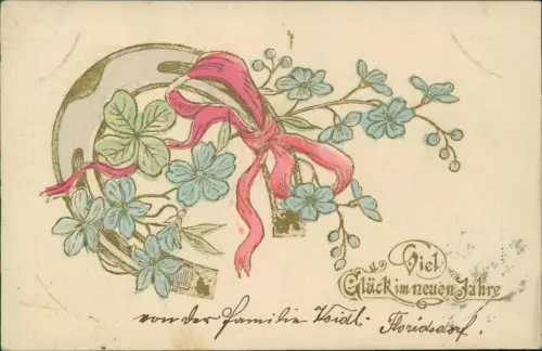 Neujahr Sylvester New Year Hufeisen Blumen rosa-patellfarben 1902 Goldprägung