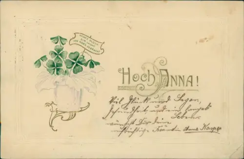 Künstlerkarte Hoch ANNA! Wenns Glück dir lacht... 1903 Prägekarte