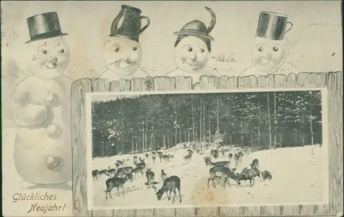 Neujahr Sylvester New Year lustige Schneemänner - Wildtierfütterung 1908