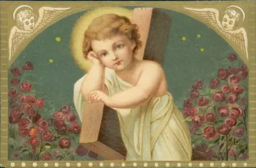 Ansichtskarte  Jesuskind lehnt auf Kreuz Rosen Engel 1912 Goldprägung