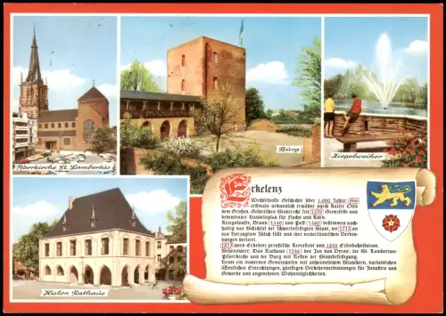 Erkelenz Chronik-Karte Mehrbild-AK u.a. Burg, Ziegelweiher uvm. 1988
