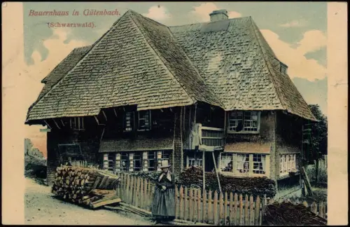 Ansichtskarte Gütenbach Bauernhaus Frau in Tracht Schwarzwald 1908