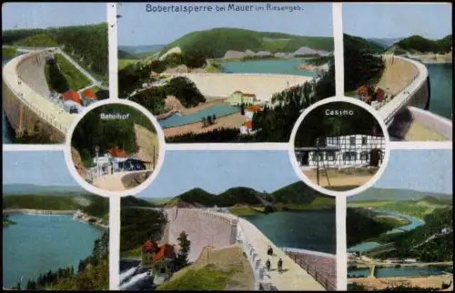 Postcard Mauer Pilchowice Talsperre Bahnhof Casino 1915  Hirschberg Schlesien