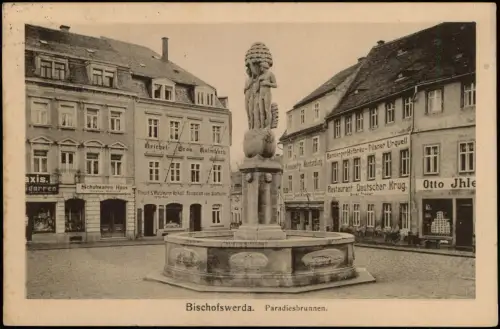 Ansichtskarte Bischofswerda Paradiesbrunnen Deutscher Krug Geschäfte 1915