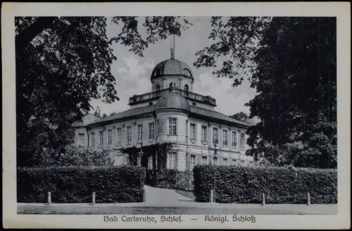 Postcard Bad Carlsruhe Pokój Schloß 1920  gel. Oberschlesien Bahnpost