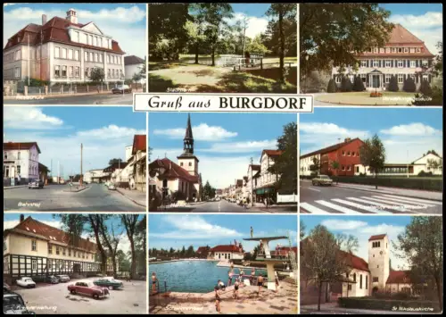 Burgdorf (Han) Mehrbild-AK u.a. Bahnhof, Schwimmbad, Schule uvm. 1970