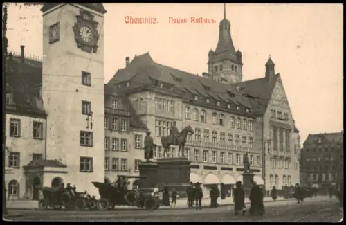 Ansichtskarte Chemnitz Neues Rathaus, Autos, Reiter-Denkmal 1913