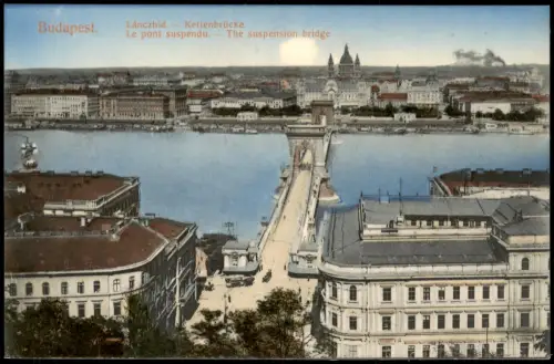 Postcard Budapest Le pont suspendu. The suspension bridge. 1913
