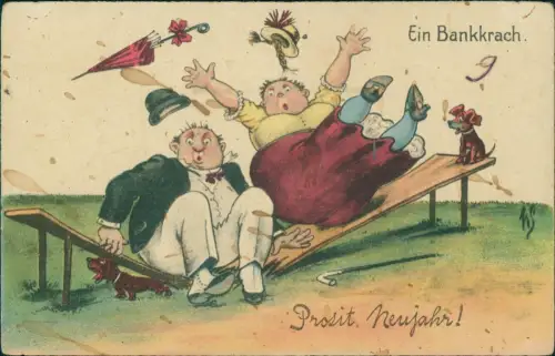Sylvester New Year Prosit Neujahr! Ein Bankkrach Scherzkarte 1922