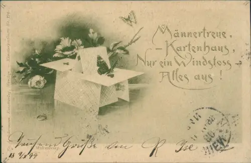 Ansichtskarte  Männertreue, Kartenhaus Nur ein Windstoss Alles aus! 1899