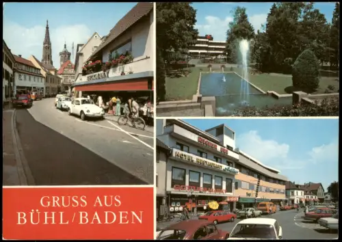 Bühl Baden Ortsansichten u.a. Straßen, Hotel, Geschäft, Autos VW Käfer 1989
