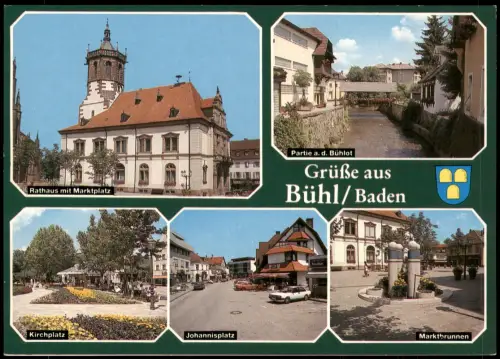 Bühl (Baden) Mehrbild-AK u.a. Johannisplatz Marktbrunnen Partie a.d. Bühlot 1985