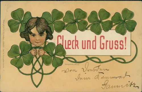 Künstlerkarte JUGENDSTIL Art nouveau Glücksklee und Junge Glück 1906