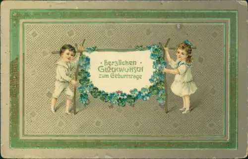 Geburtstag Birthday Junge Mädchen Girlande Veilchen Glücksklee 1909 Goldprägung