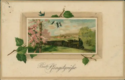 Ansichtskarte  Dampflokomotive Lindenzweig 3D Effekt Pfingsten Pentecost 1907
