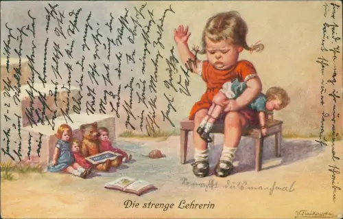 Kinder Künstlerkarte Die strenge Lehrerin Mädchen verhaut Puppe 1927