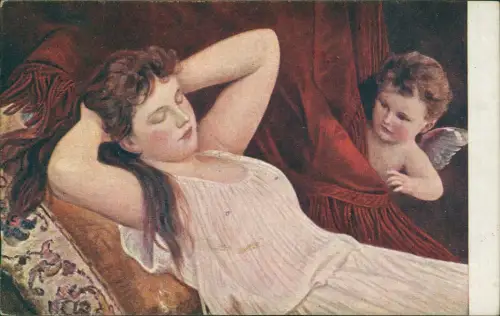 Künstlerkarte Gemälde Süßes Träumen. Engel schlafende Frau 1915