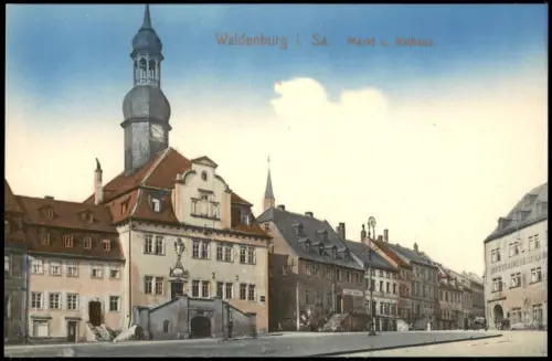 Ansichtskarte Waldenburg (Sachsen) Markt u. Rathaus. 1912