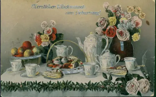 Geburtstag Birthday Stillleben edles Service Rosen Kuchen 1911 Silberprägung