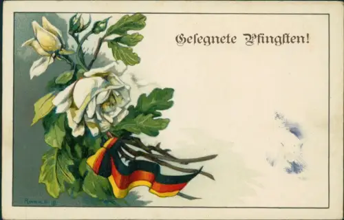 Ansichtskarte  Pfingsten Pentecost Pfingstrosen Eichenlaub Patriotika 1919