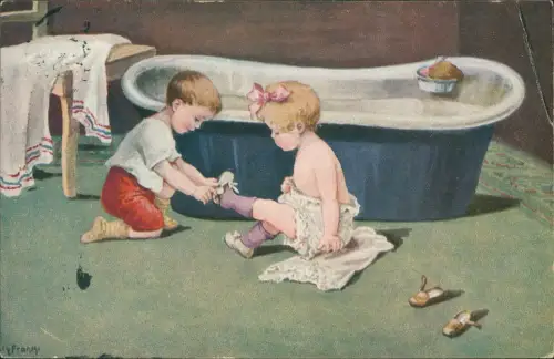 Ansichtskarte  Kinder Künstlerkarte Junge und Mädchen vor Badewanne 1916