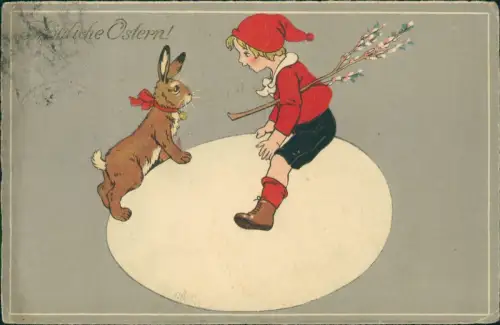 Ansichtskarte  Ostern Easter Junge und Osterhase auf Ei 1927