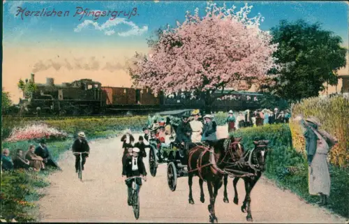Ansichtskarte  Pfingsten Pentecost Dampflokomotive Fahrrad Kutsche 1917