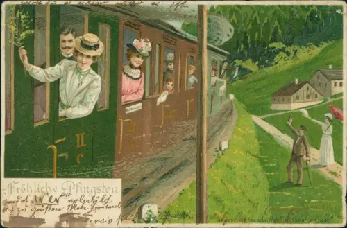 Pfingsten Pentecost Eisenbahnfahrt Künstlerkarte Mailick 1902 Mailick