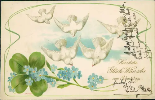 Geburtstag Birthday Tauben Glücksklee Veilchen 1904 Goldprägung